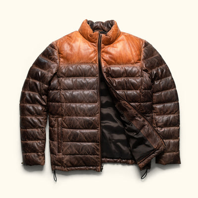 Authentic Buffalo Jackson Bridger Leather Down Jacket tan and brown two-tone lambskin construction detail — official Buffalo Jackson product photo